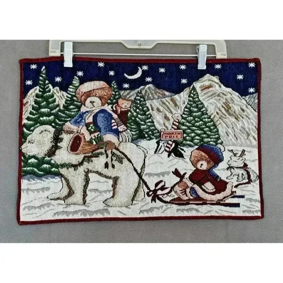 6 Christmas Tapestry Polar Teddy Bear Placemats Sleigh North‎ Pole Starry Night - Picture 1 of 7